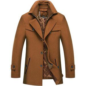 Men's Yellow1 Wool Blend Coat Warm Winter Trench Coat With Detachable Soft Scarf